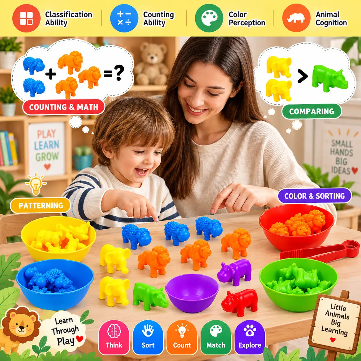 Animal Counting, Color Sorting & Matching Game with Rainbow Bowls