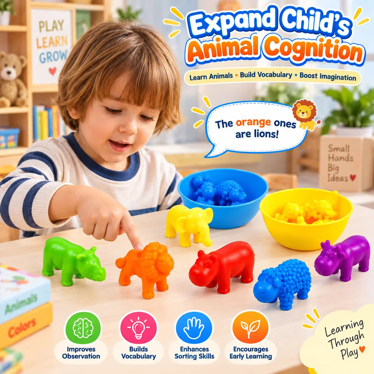Animal Counting, Color Sorting & Matching Game with Rainbow Bowls