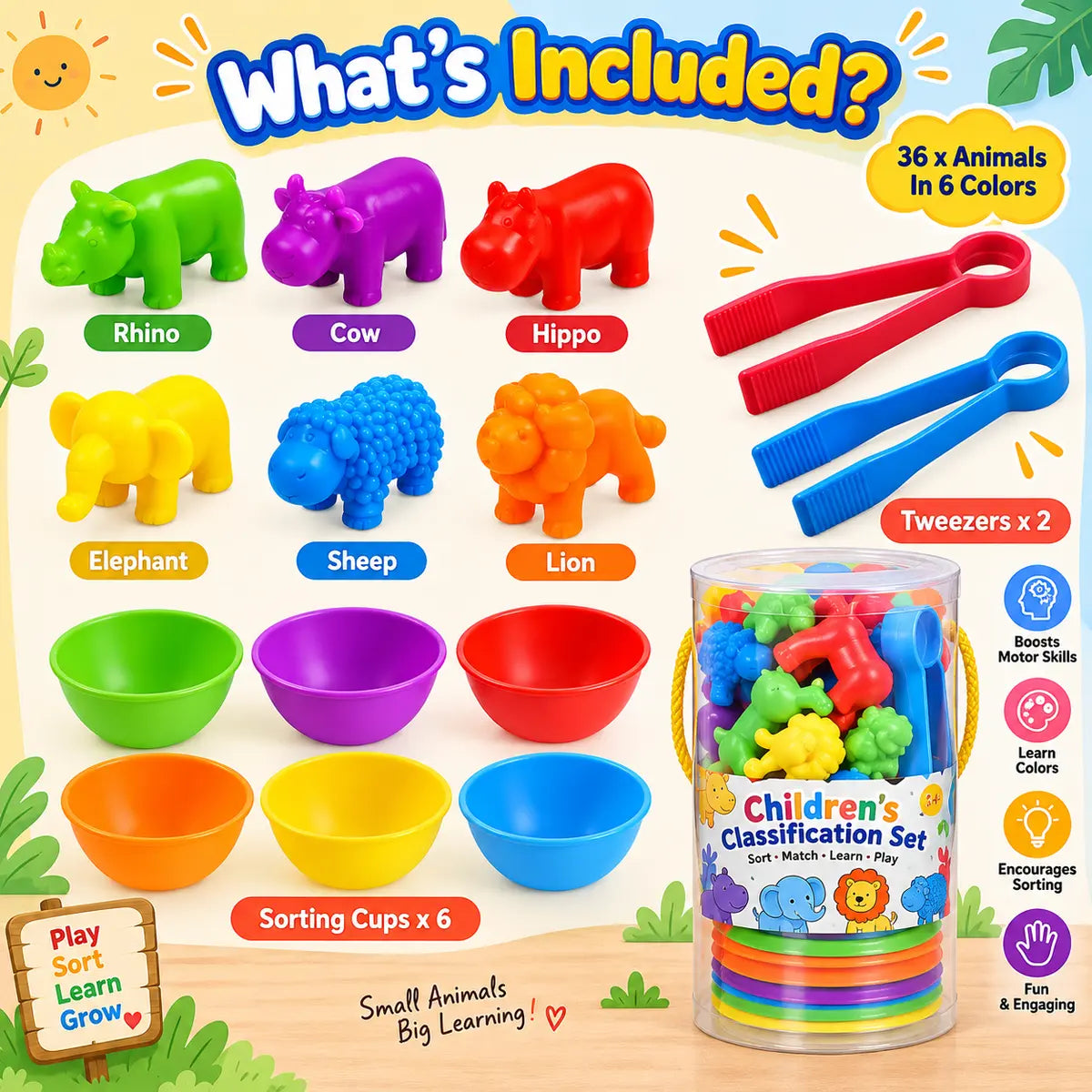 Animal Counting, Color Sorting & Matching Game with Rainbow Bowls